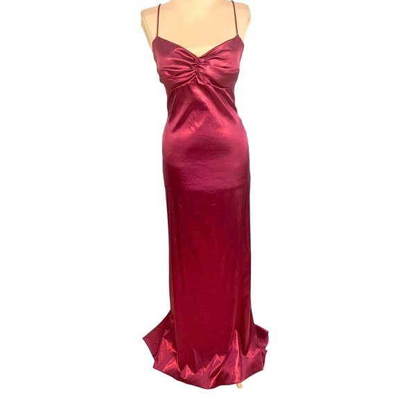 Stunning VTG Burgundy Glam Old Hollywood Satin Formal Gown 7/8 Back Tie Straps - Picture 2 of 8